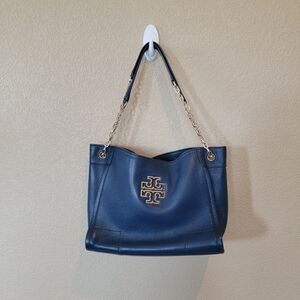 Tory Burch Navy Pebbled Leather Tote with Gold Chain Detail